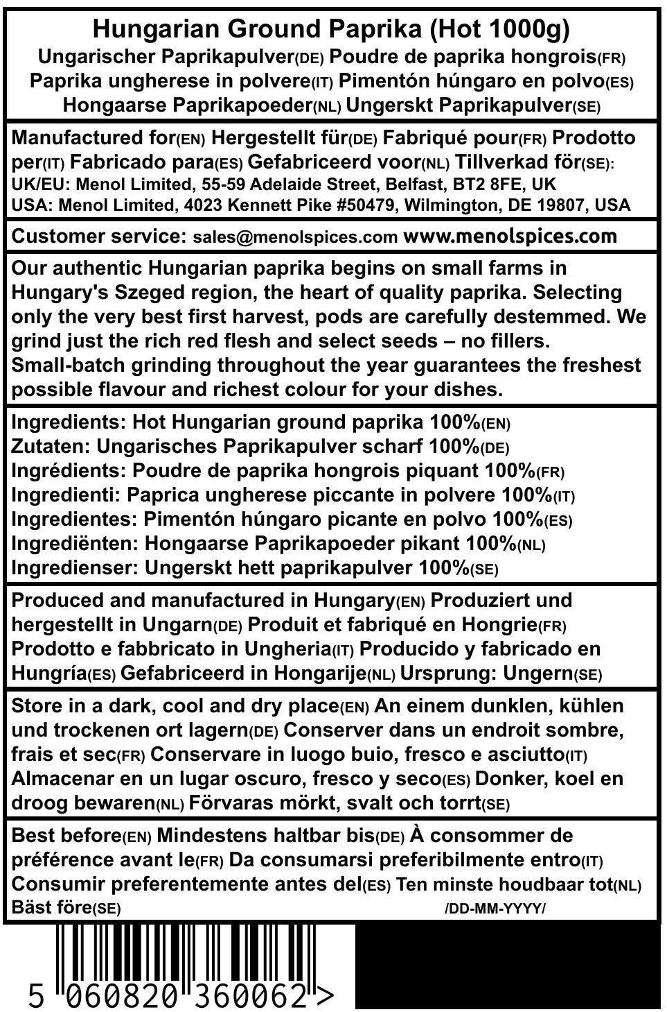 Hot Hungarian paprika 1kg rear label