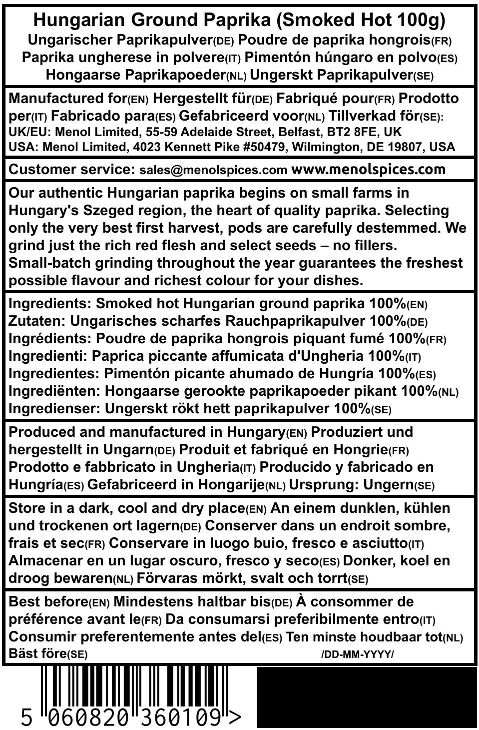 Rear label with ingredients in 7 languages