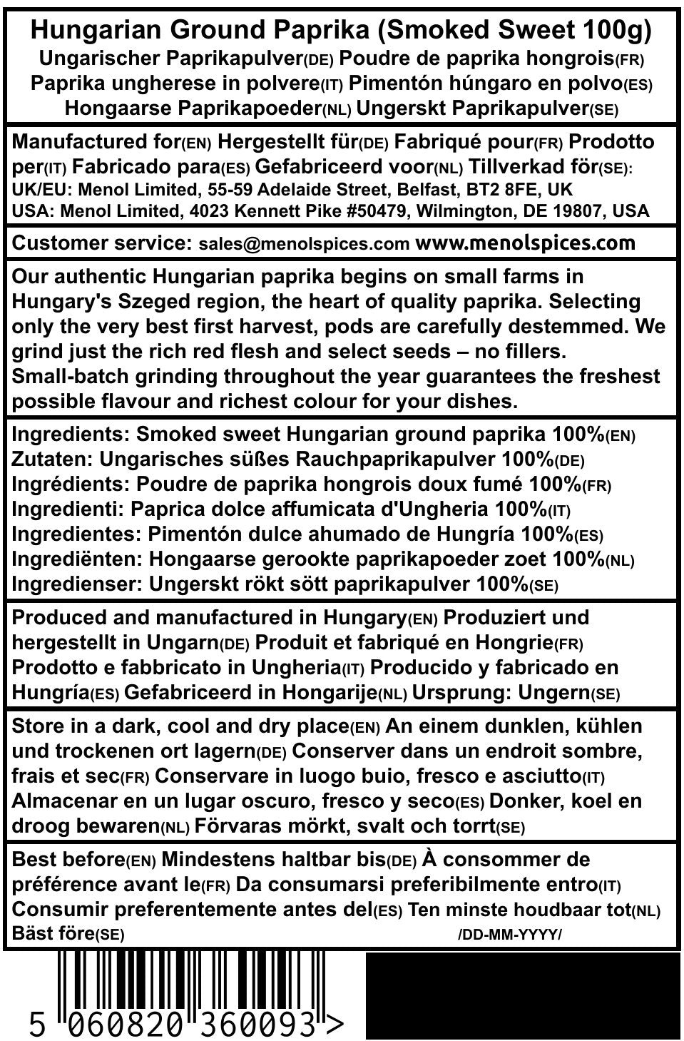 Rear label with ingredients in 7 languages
