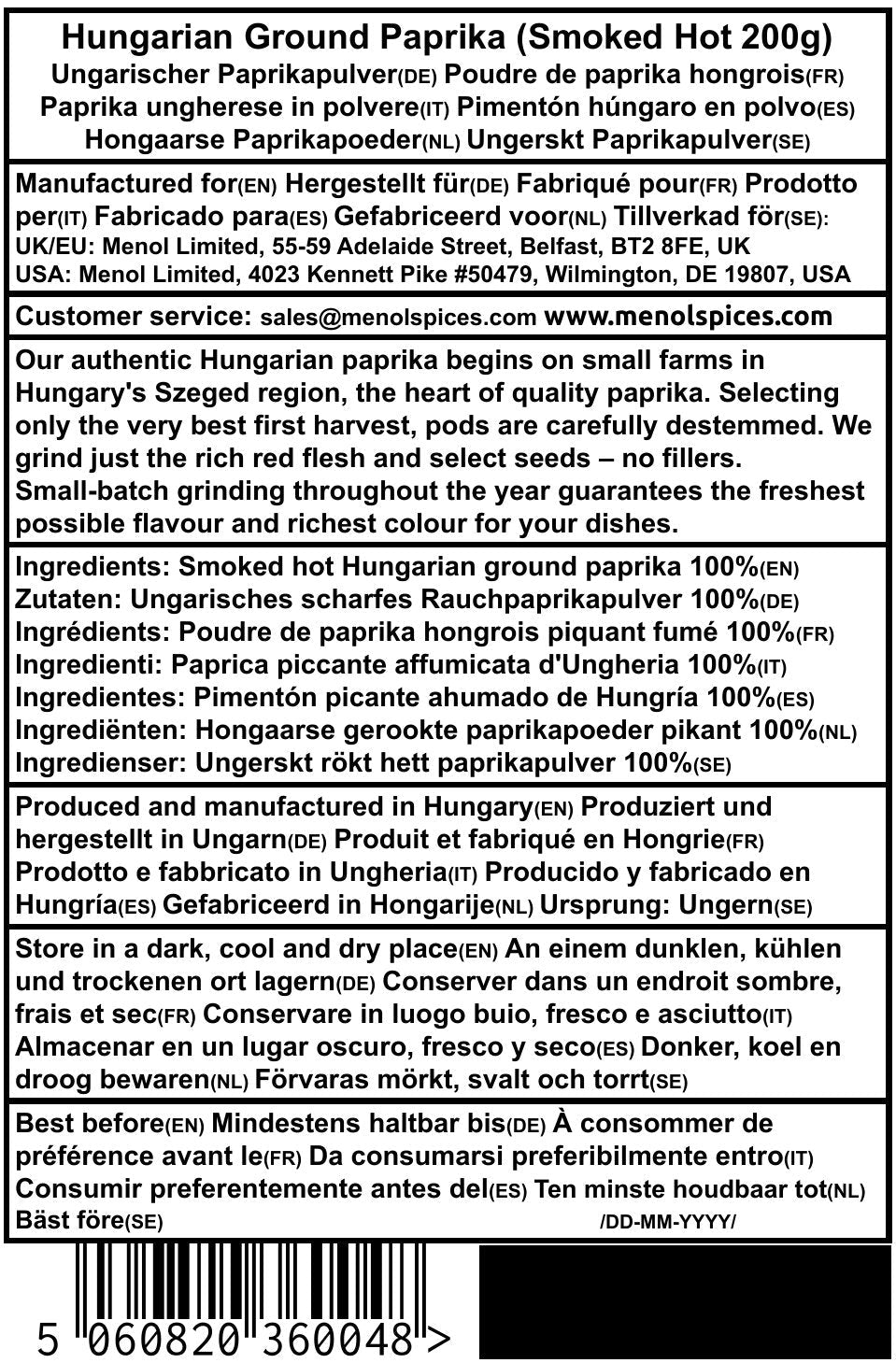 Smoked hot Hungarian paprika 200g rear label