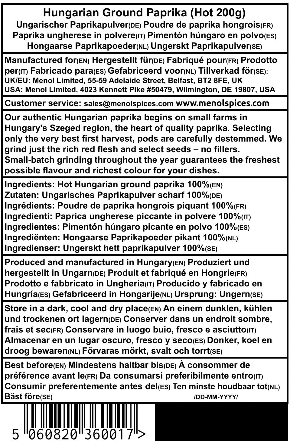 Hot Hungarian paprika 200g rear label