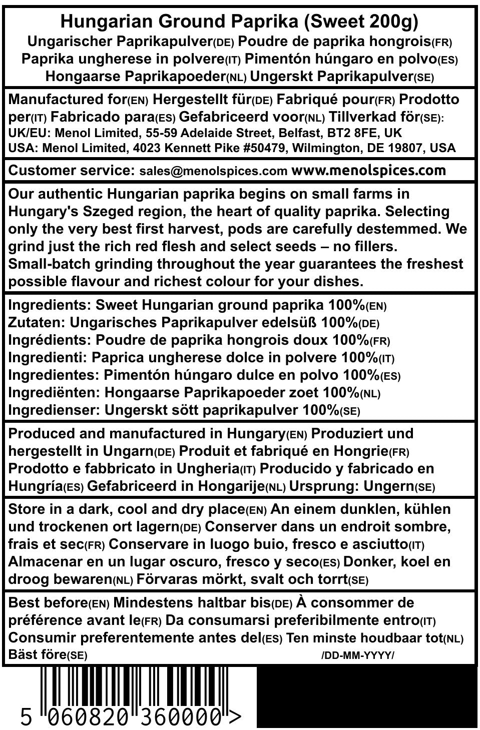 Sweet Hungarian paprika 200g rear label