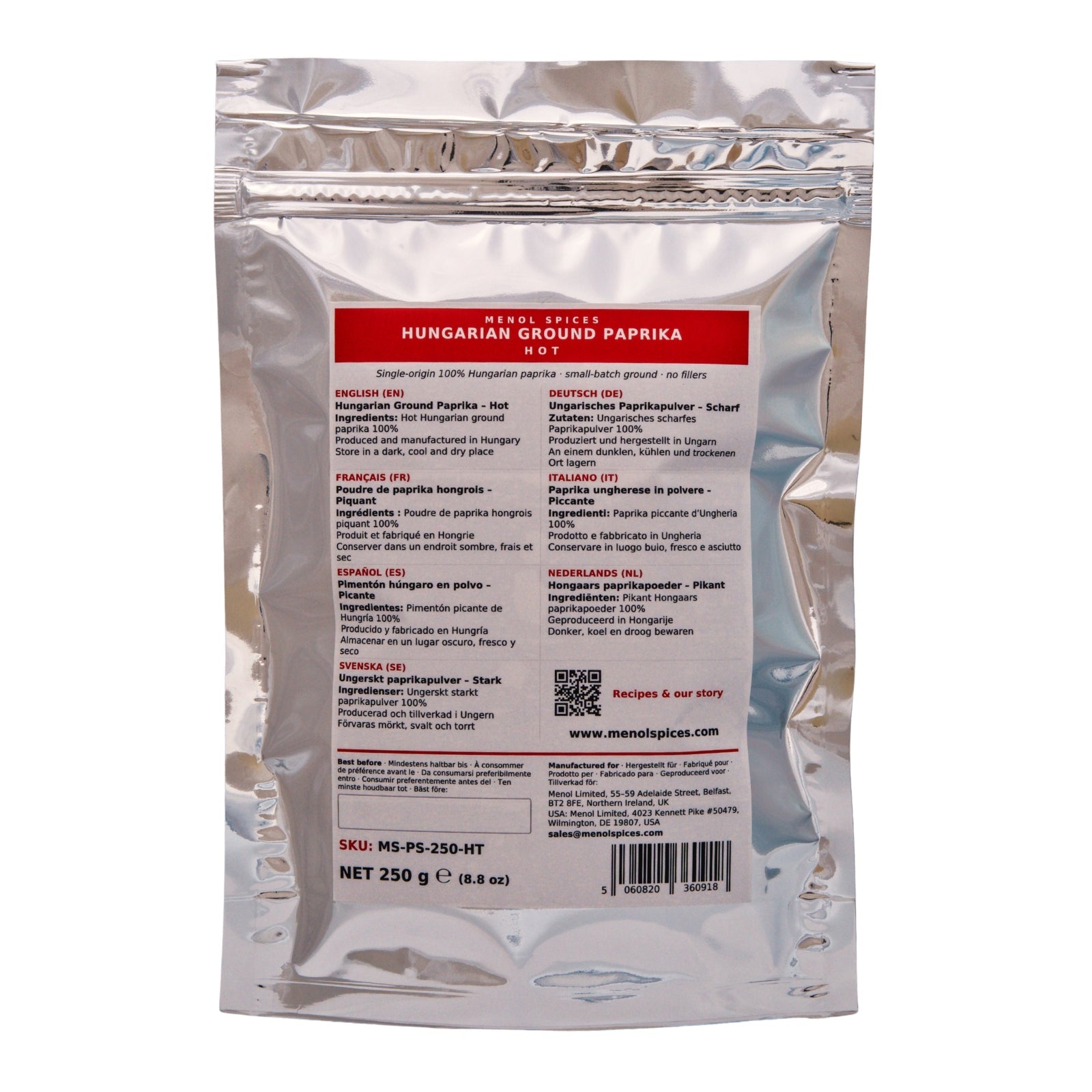 Menol Hot Hungarian Paprika 250g value pouch